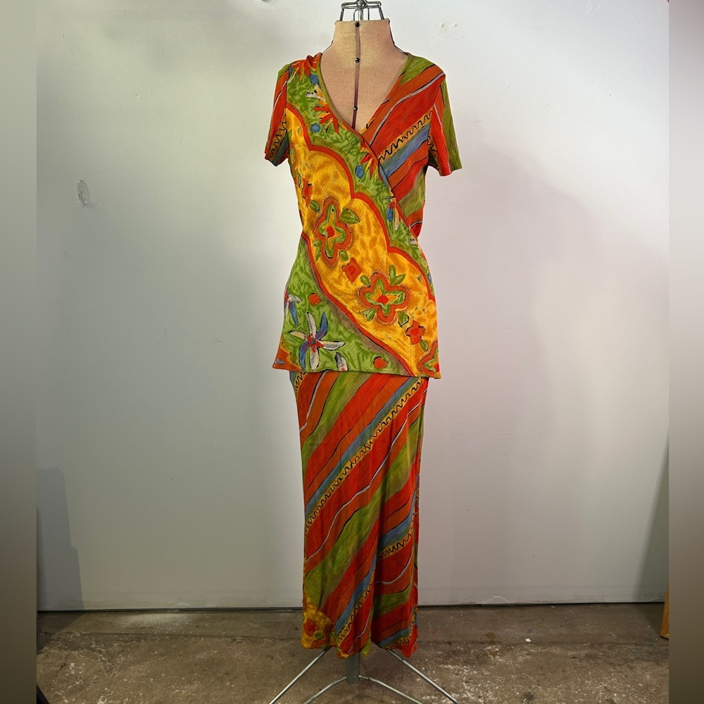 Carole Little Vintage 1990s Red Yellow and Green Maxi Skirt Set Size 4 - Picture 4 of 14
